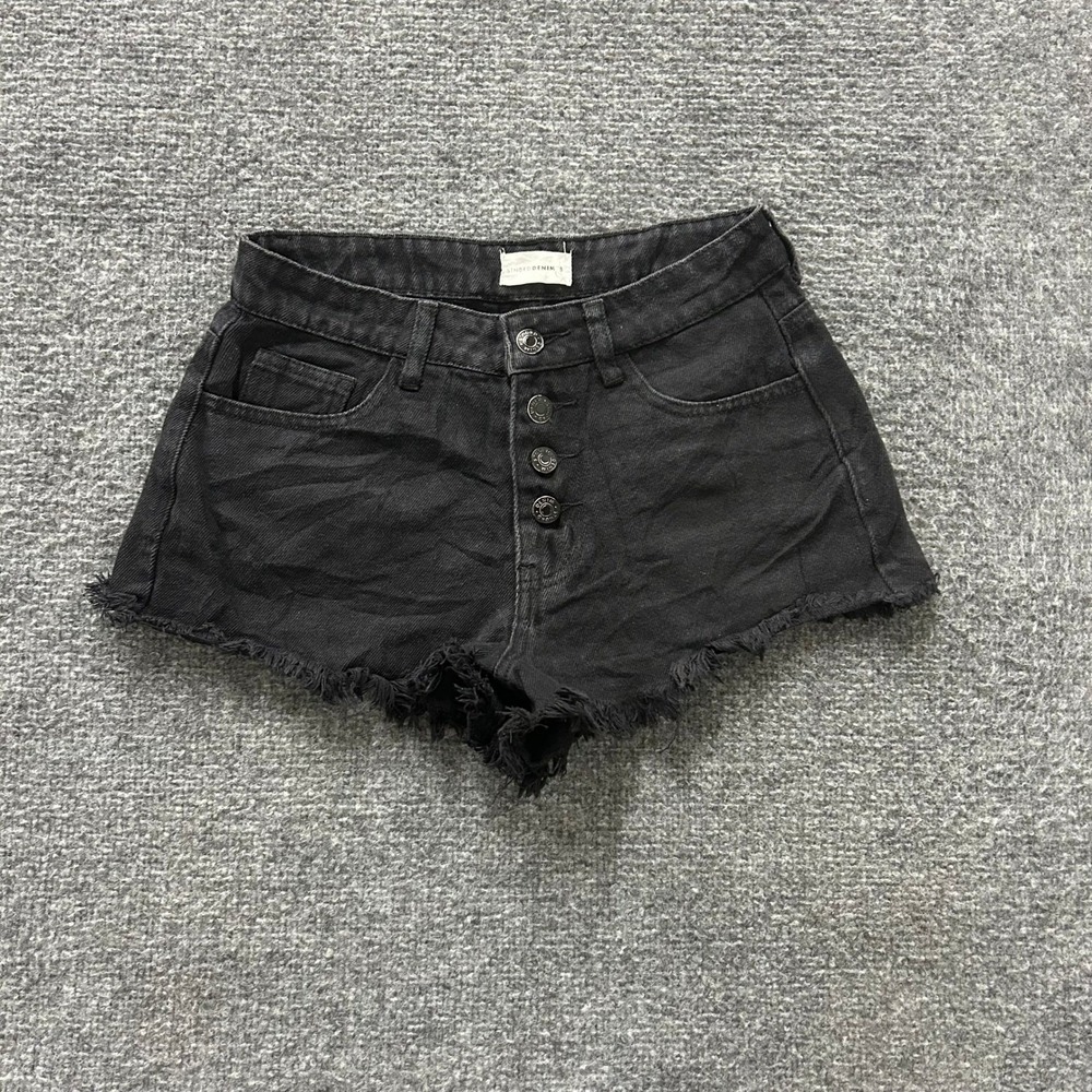 STNDRD DENIM Shorts Womens Size 8 Black High Waisted Button Fly Frayed Raw Hem